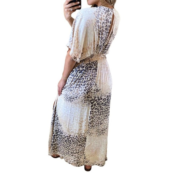 Flowy Maxi Dress Baby Shower Summer Sundress V Neck Smocked Leopard Long Small - Picture 2 of 12